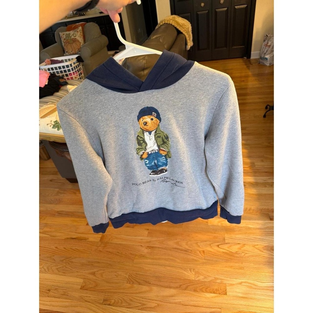 Polo Ralph Lauren Hoodie Youth L 14 16 90's Cool Bear Sweatshirt Gray Navy Kids